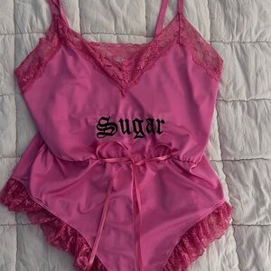 Sugar Thrillz Hot Pink Lace-Trim Satin Teddy with 'Sugar' Graphic
